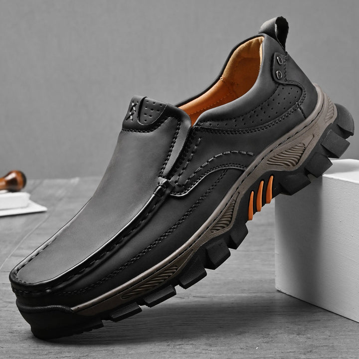 Close-up on the breathable material of men's orthopedic boots, comfortable and supportive