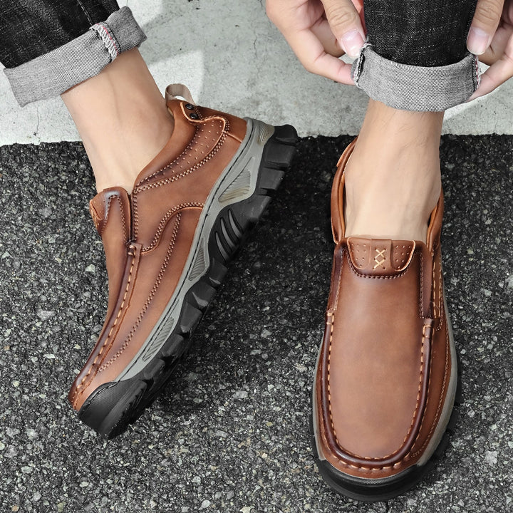 Man wearing brown leather orthopedic boots, comfortable, casual style, transition footwear