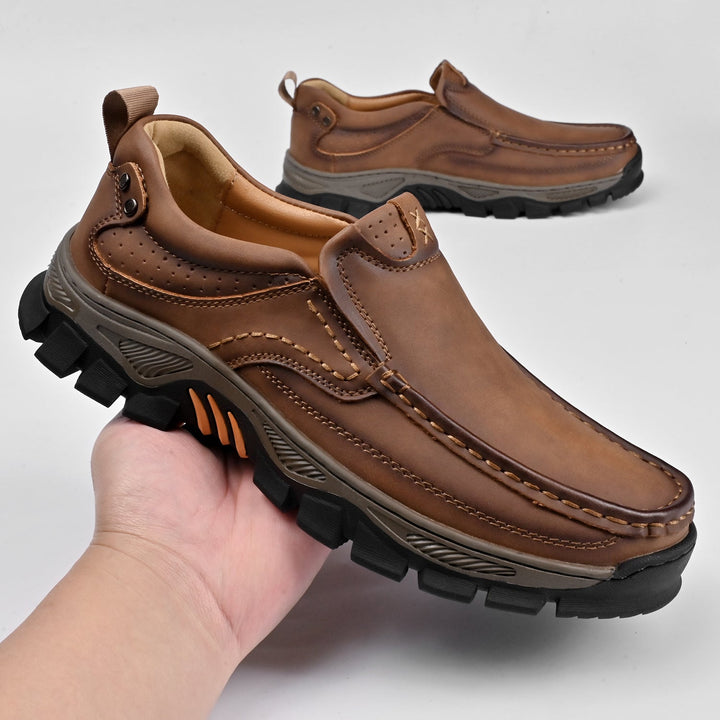 Pair of black genuine leather orthopedic boots for men, comfortable, versatile for casual/dress