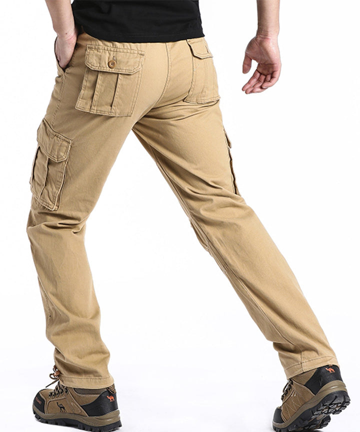 Side view of Men's durable cotton cargo pants for outdoor adventure