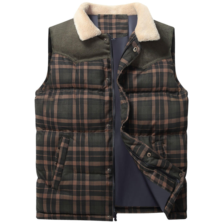 Close-up of men's adventure vest fabric, durable cotton blend texture