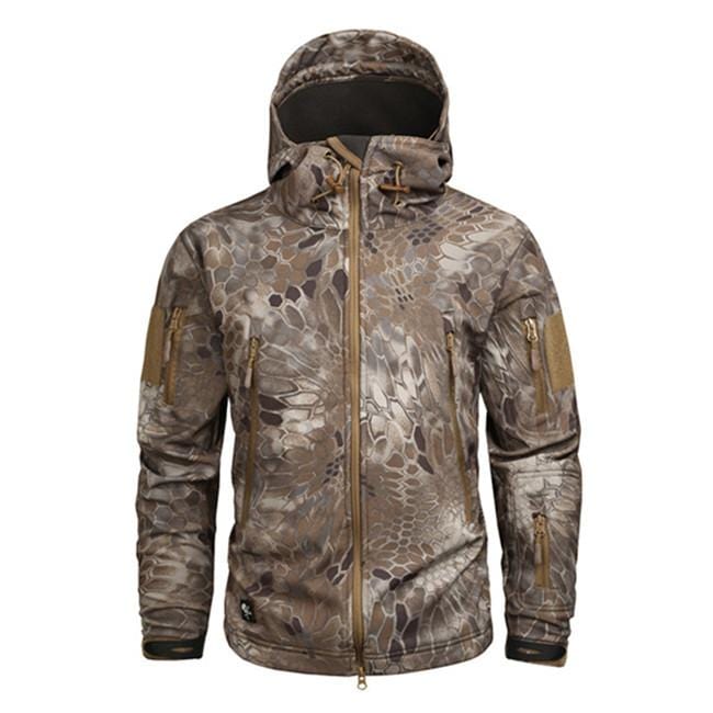 Flat lay of men's waterproof polyester camouflage jacket, emphasizing its material texture