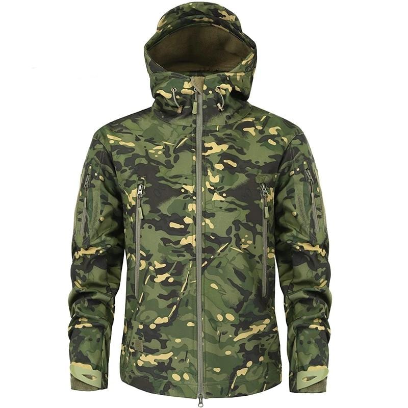 Close-up of the camouflage pattern on a men's outdoor jacket, military-inspired design