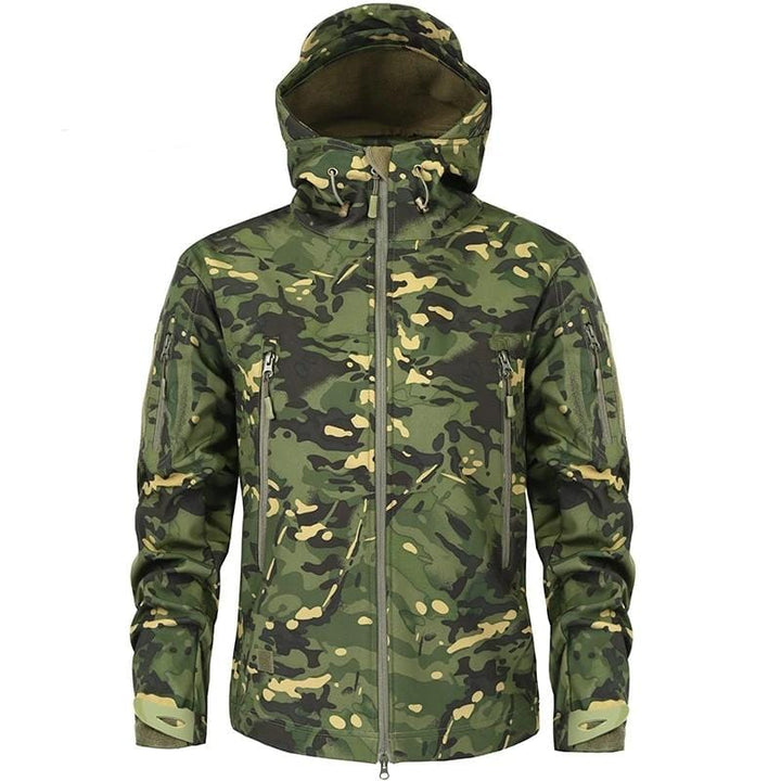 Close-up of the camouflage pattern on a men's outdoor jacket, military-inspired design