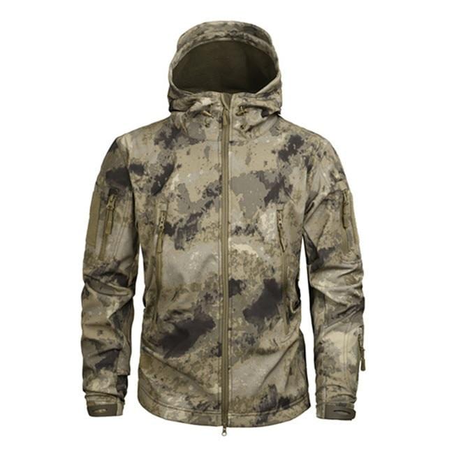Full-length view of a men's camouflage utility jacket, perfect for rugged outdoor use