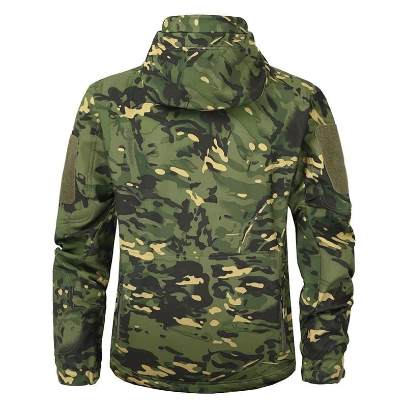 Detailed image of the cuff and sleeve of a men's camouflage jacket, showing adjustability