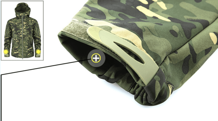 Hangtag detail on a men's camouflage hooded jacket, highlighting 'waterproof' and 'windproof' features