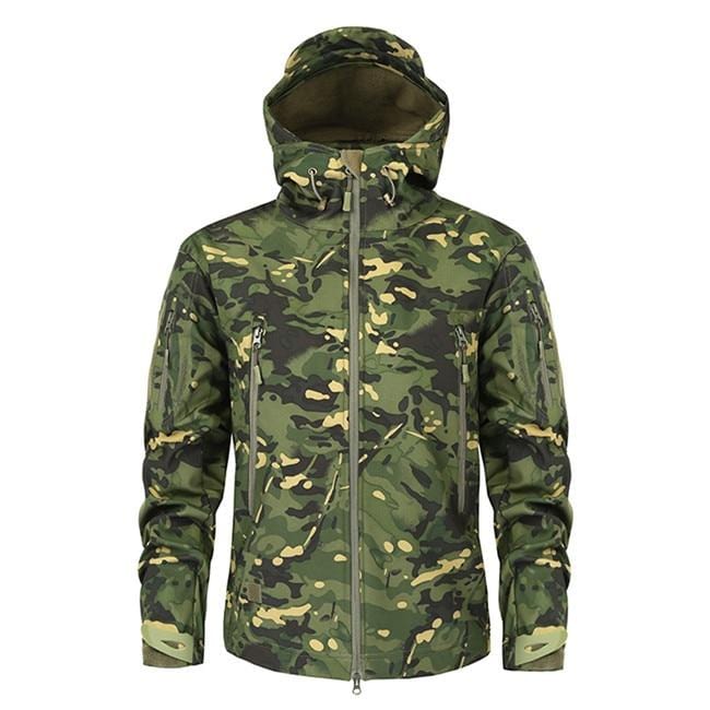 Close-up of men's camouflage hooded jacket, showing waterproof fabric and durable stitching