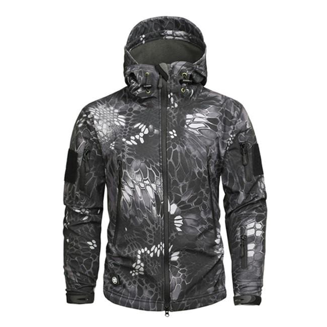 Front view of men's camo hooded jacket with zipper closure and multiple utility pockets