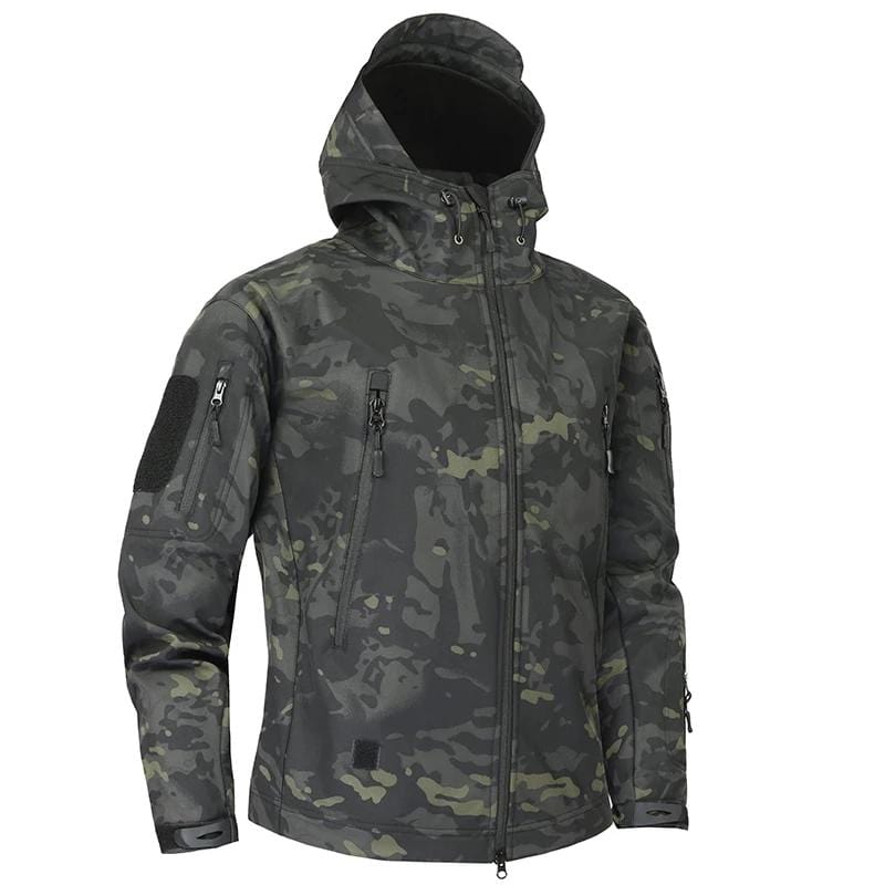 Back view of men's waterproof camouflage jacket, featuring hood and adjustable cuffs