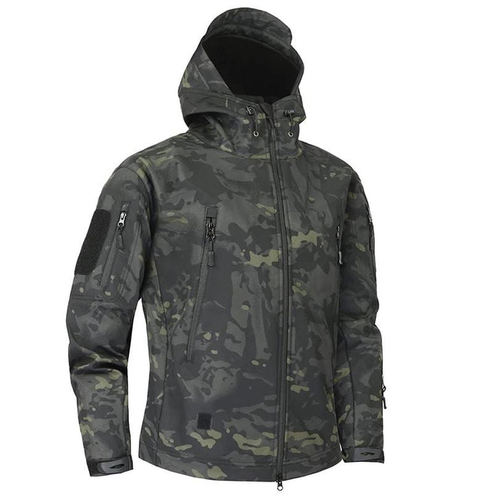 Back view of men's waterproof camouflage jacket, featuring hood and adjustable cuffs