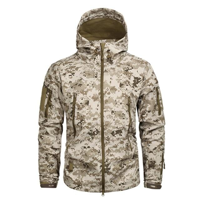 Detailed shot of the hood on a men's camouflage winter coat, with drawstring toggles