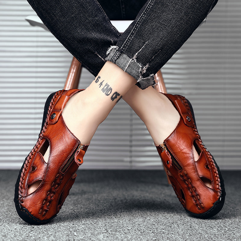 Top view of men's comfortable closed-toe leather sandals, waterproof