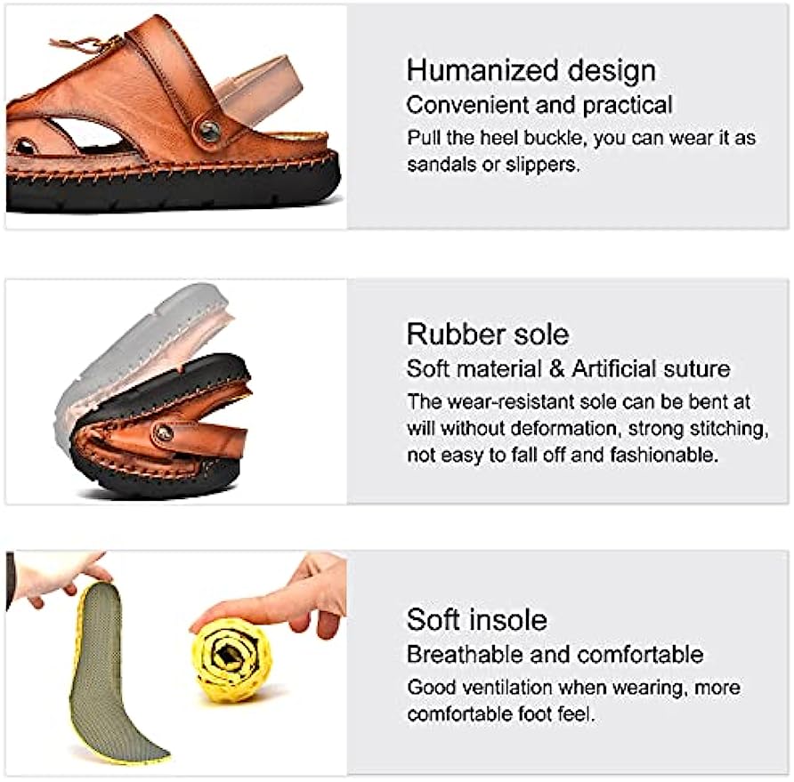 Durable men's leather closed-toe sandals for beach and outdoor, waterproof