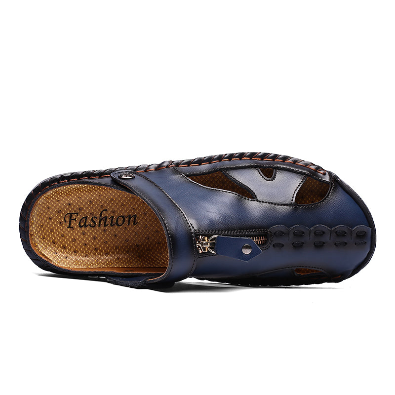 Water-resistant men's closed-toe leather sandals for beach exploration