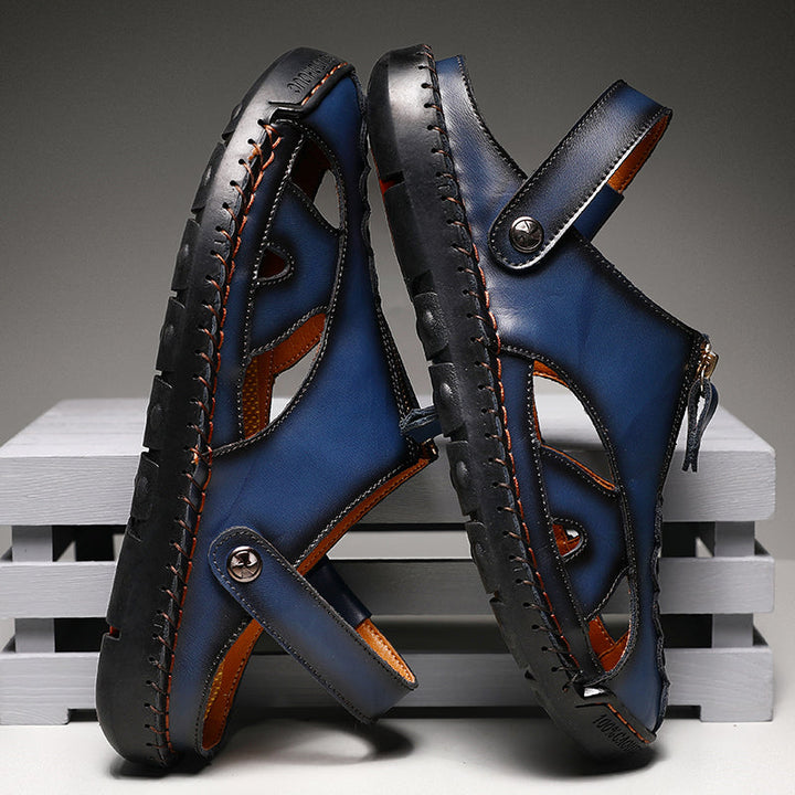 Men's outdoor closed-toe leather sandals with quick-drying features