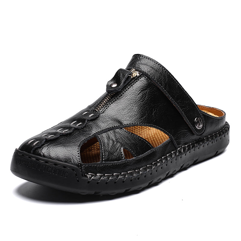 Men's closed-toe leather sandals with detailed synthetic overlays for durability