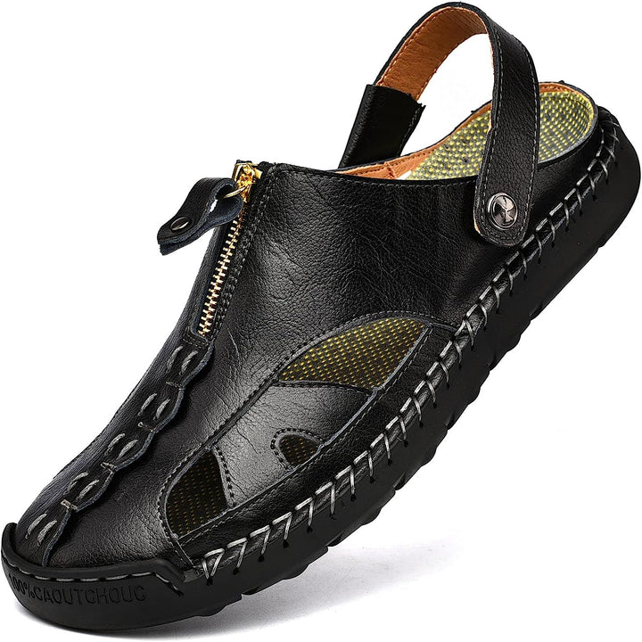 Men's earthy toned closed-toe leather sandals, blending with nature