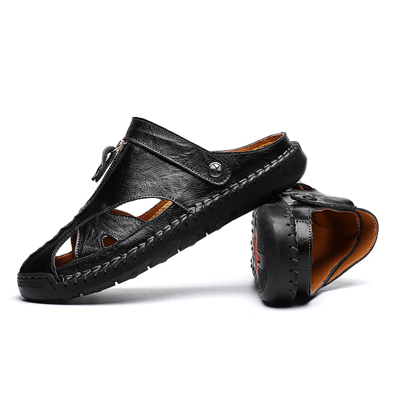 Men's closed-toe leather sandals, demonstrating flexibility of the sole
