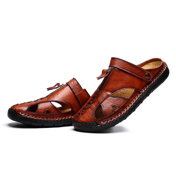 Front view of men's outdoor closed-toe leather beach shoes, black