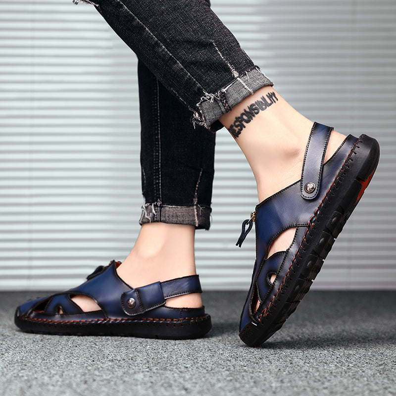 Men's closed-toe leather sandals, featuring a protective rand around the toe