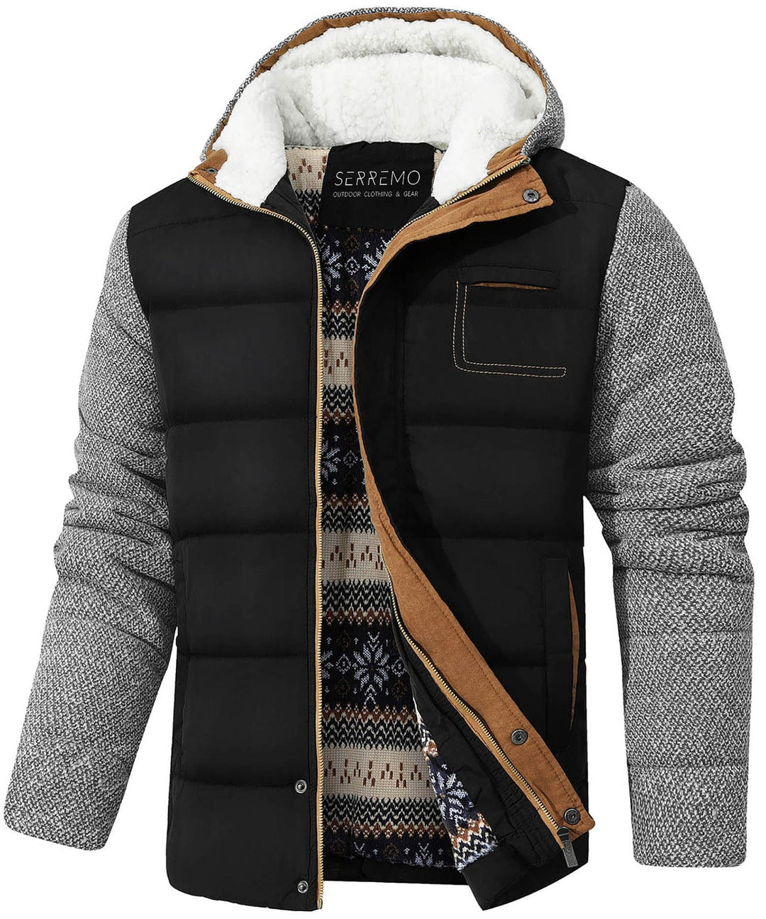 Men's outdoor puffer jacket, black, front view, for cold weather, athletic wear