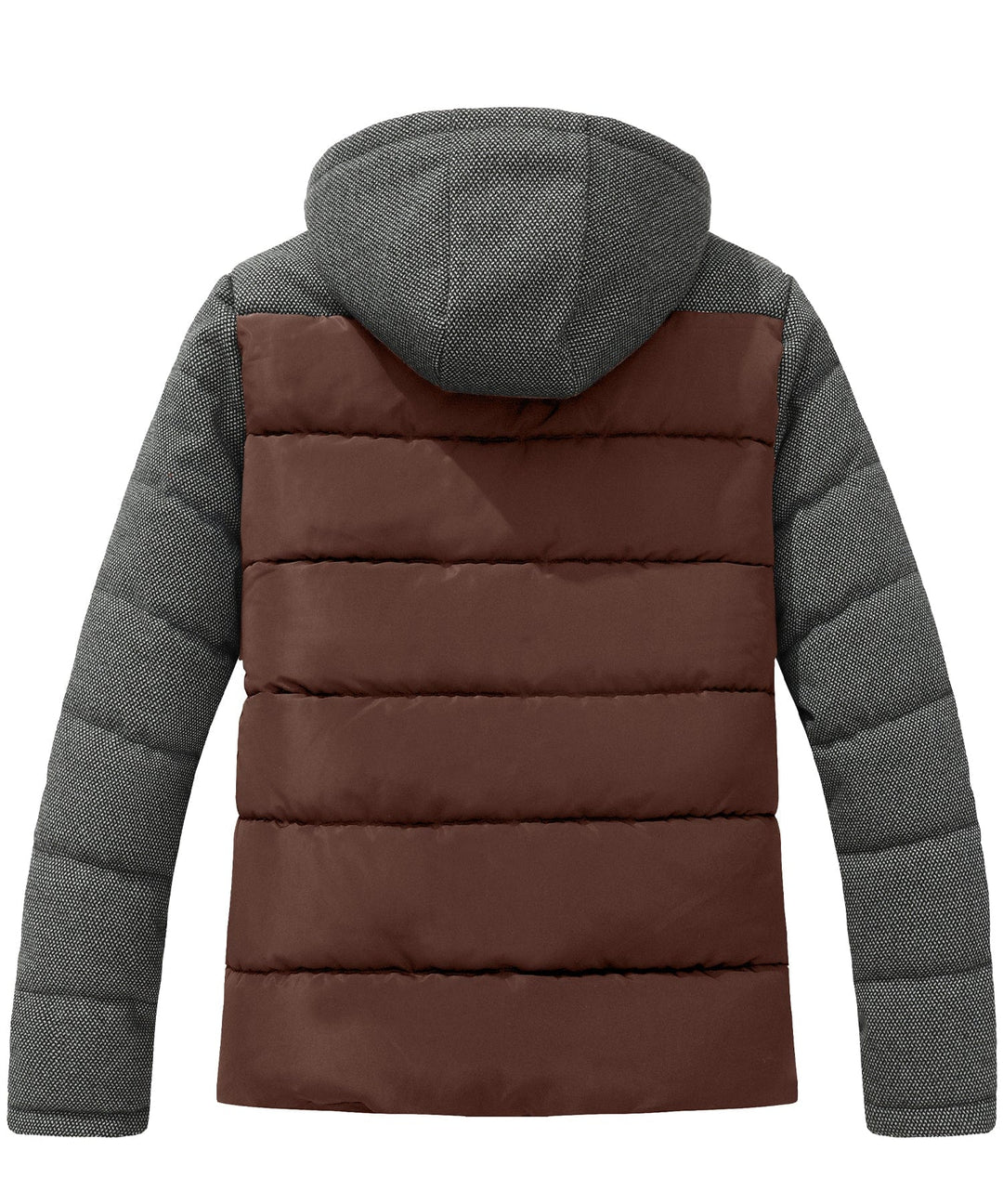 Three men's puffer jackets in different colors: red, blue, green, warm winter coats