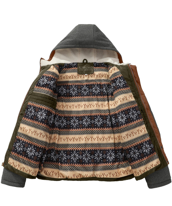 Zoomed-in texture of a men's puffer jacket, showing insulation and quilting, weather resistant