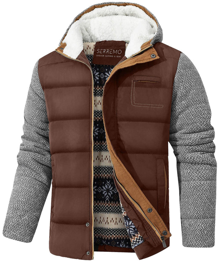 Men's black puffer jacket with hood, front zipper, ideal for outdoor wear, winter