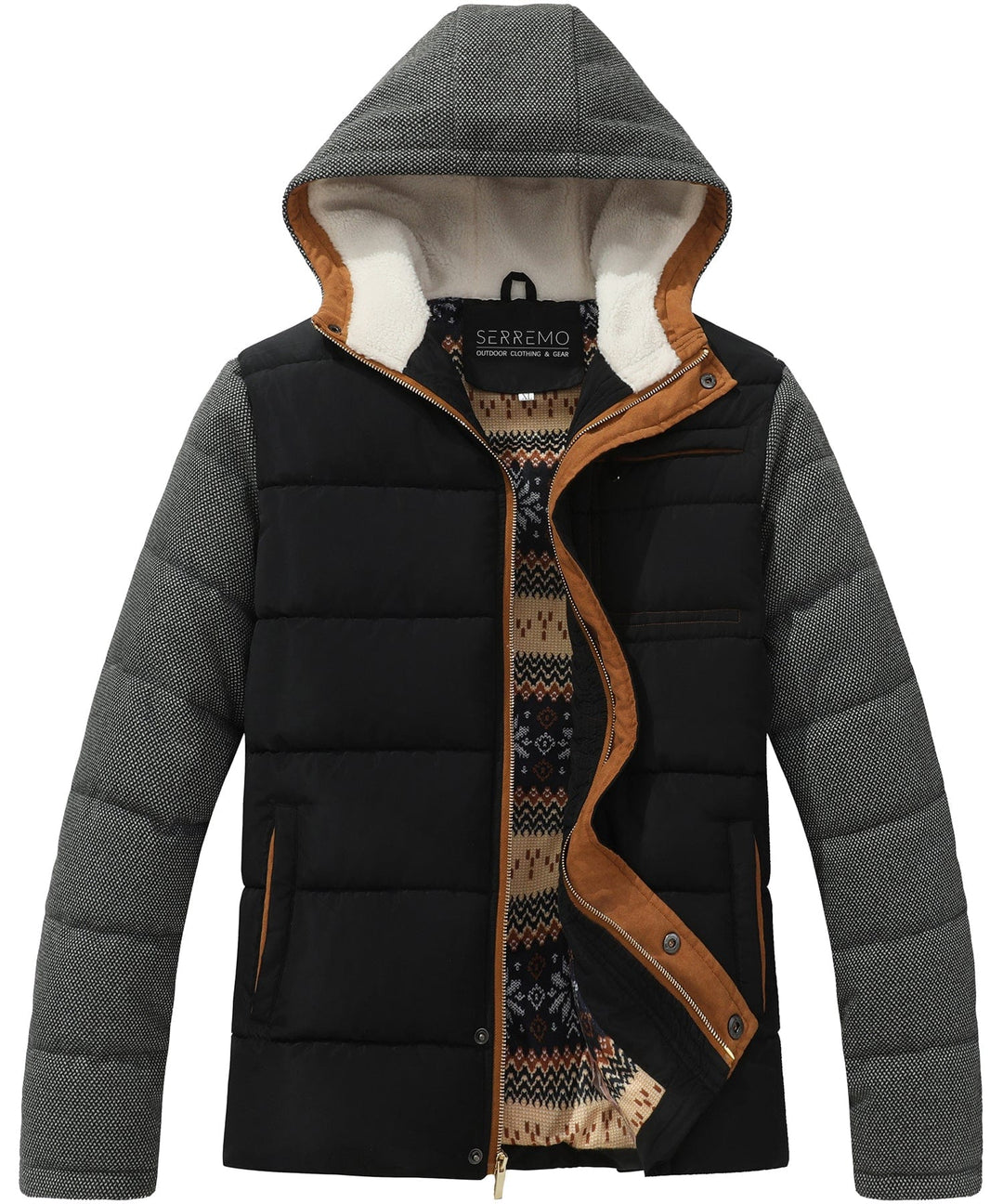 Gray men's athletic puffer jacket, angled view, water-resistant, warm, men's fashion