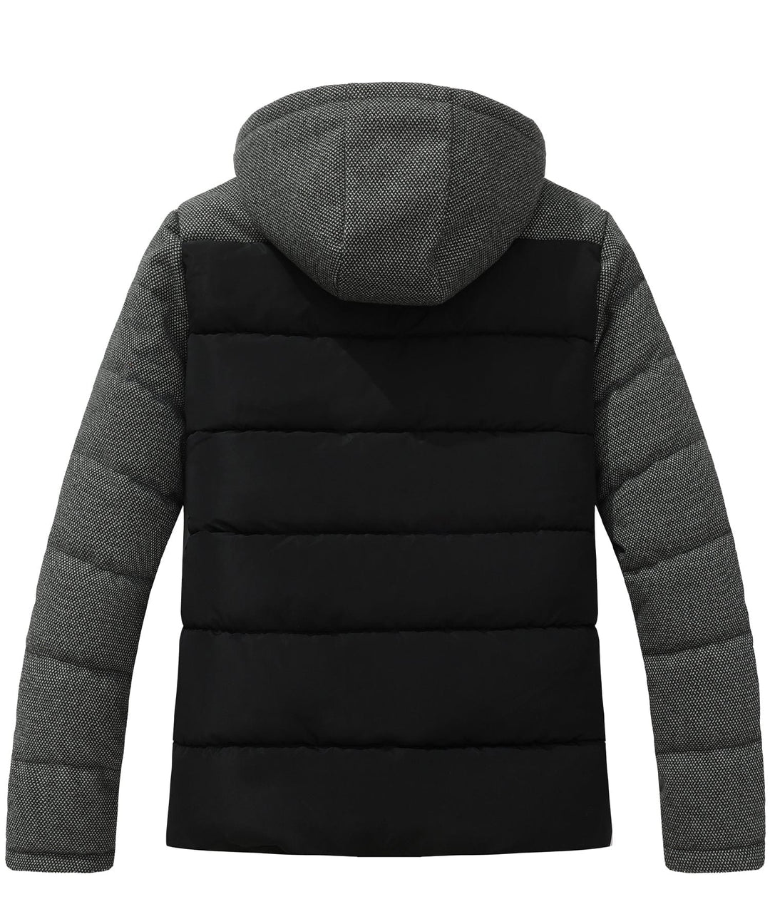 Men's puffer jacket in a vibrant orange, standing, full length, stylish winter coat