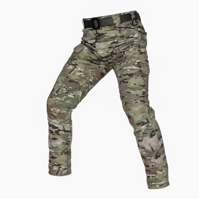 Model from side view, showcasing men's tactical cargo pants with knee reinforcement, perfect for rugged use.