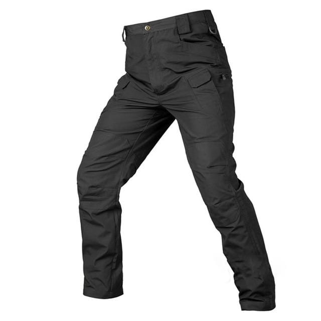Stack of folded men's outdoor ripstop cargo pants in various colors: arid, olive, and black.