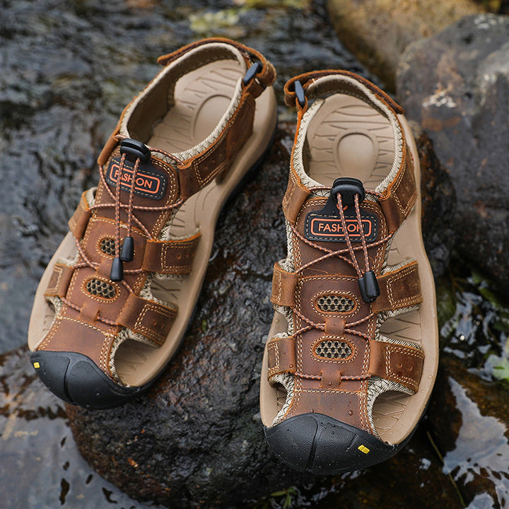 Men's leather beach sandals, featuring detailed stitching and premium material quality