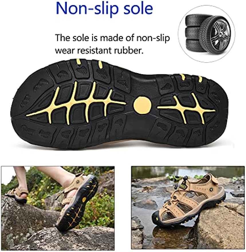 Close-up of men's brown leather sport sandals, showing adjustable velcro straps and textured sole