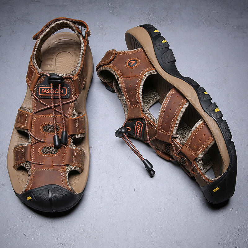 Men's adventure-ready leather sandals, featuring a protective toe guard for added safety