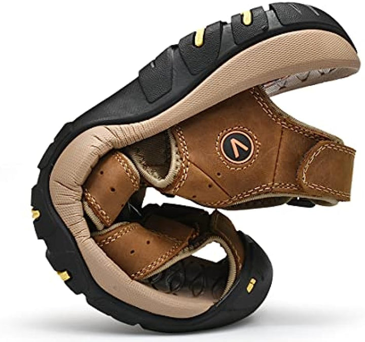 Side view of men's leather sport sandals, highlighting the water-friendly design and robust construction