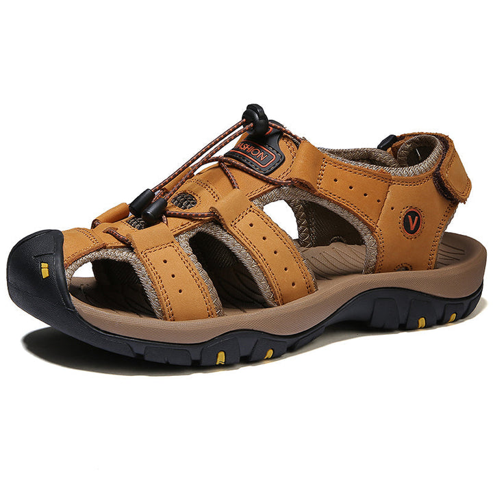 Top-down view of men's outdoor sandals, showcasing the open-toe design and secure fit