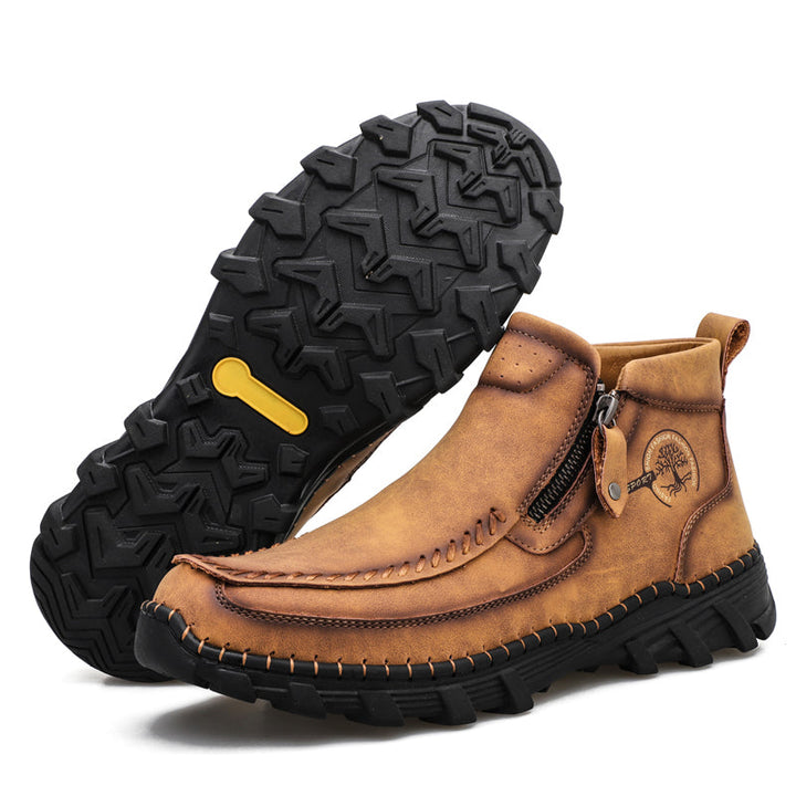 Close-up on the orthopedic insole of men's outdoor tooling boots for superior comfort