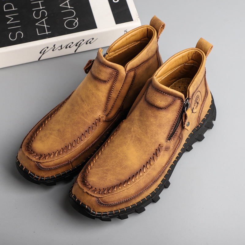 Rugged men's tooling boots, leather, orthopedic support for posture, durable design