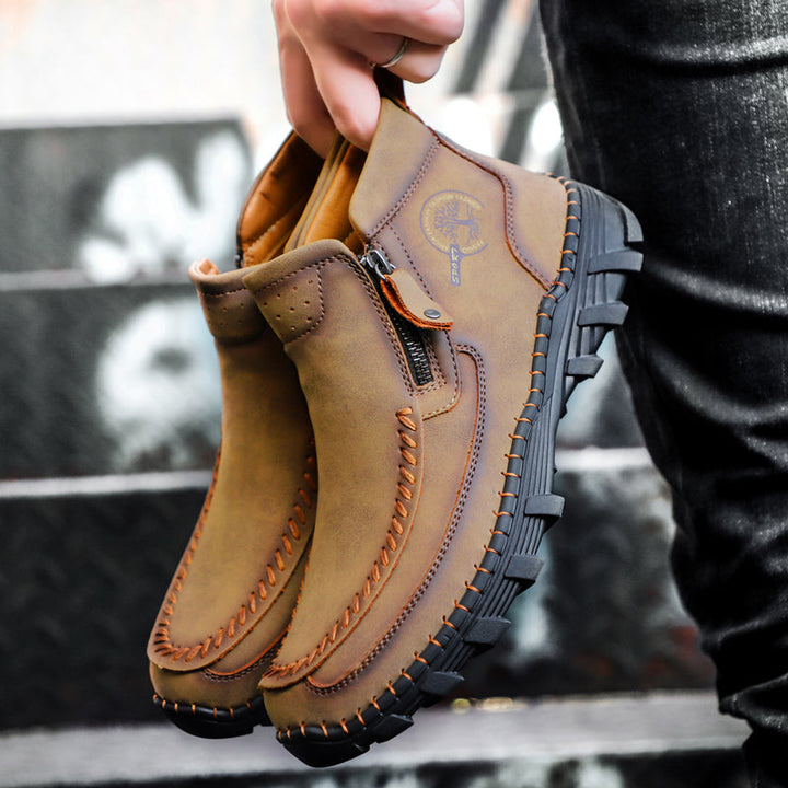 Close-up of men's orthopedic tooling boots, slip-resistant sole, genuine leather