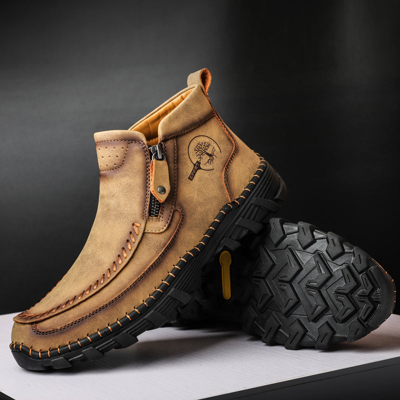 Men's orthopedic work boots, brown, with secure lacing and zipper for optimal fit