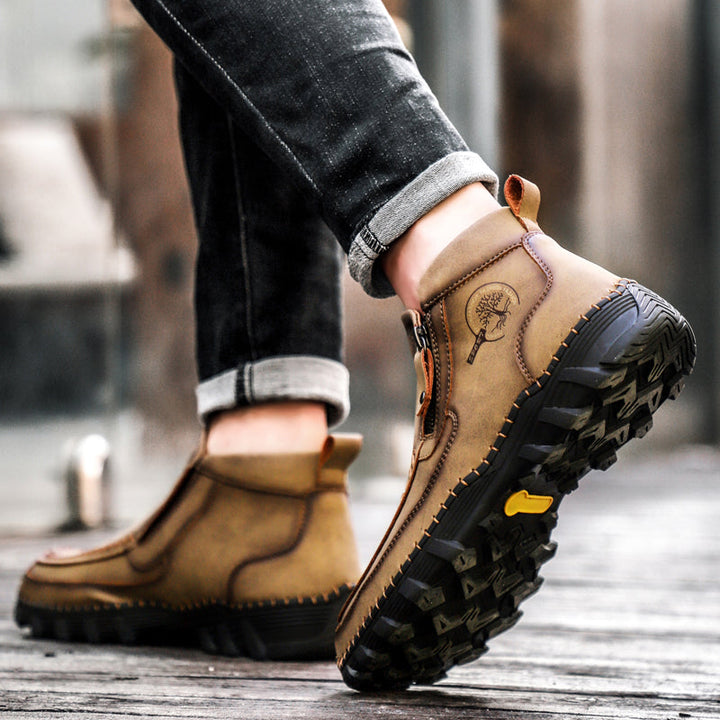 Men's slip-resistant orthopedic casual boots, brown leather, reliable traction
