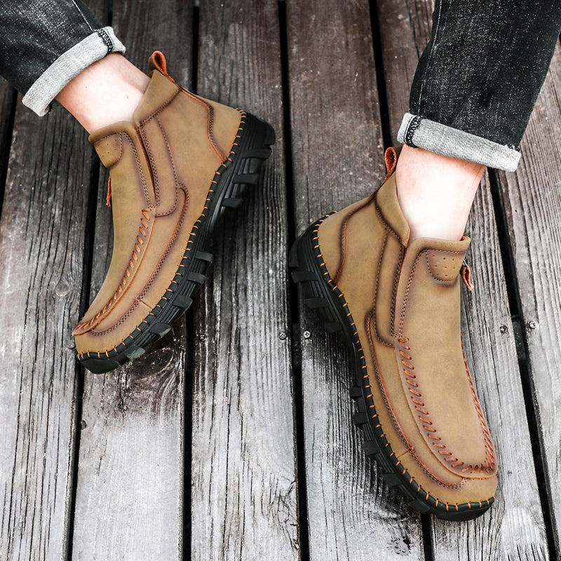 Side zipper detail on men's orthopedic outdoor boots, enhancing convenience