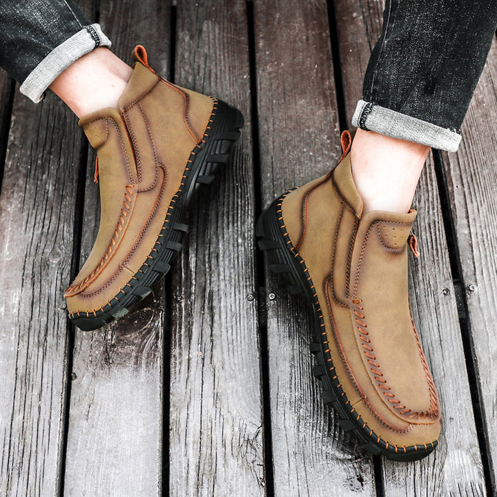 Side zipper detail on men's orthopedic outdoor boots, enhancing convenience