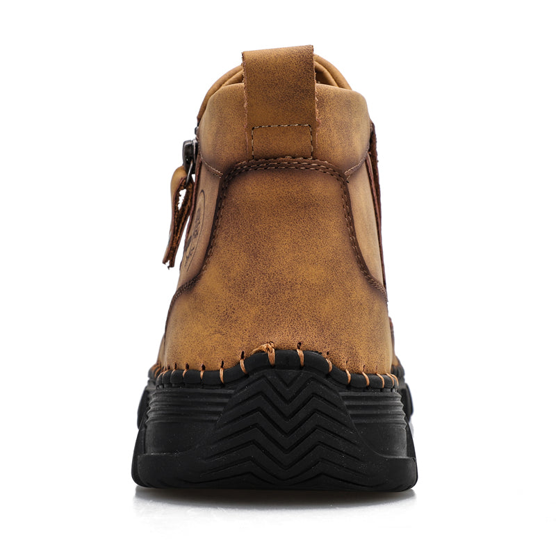 Front view of men's leather tooling boots, orthopedic design, suitable for outdoor wear