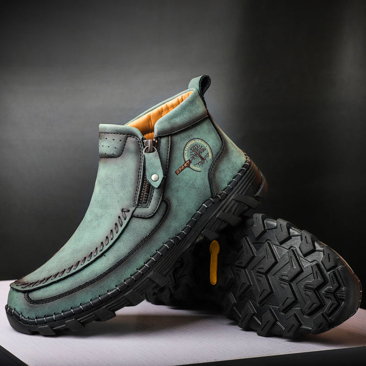 Close-up of the durable lacing system on men's outdoor tooling orthopedic boots