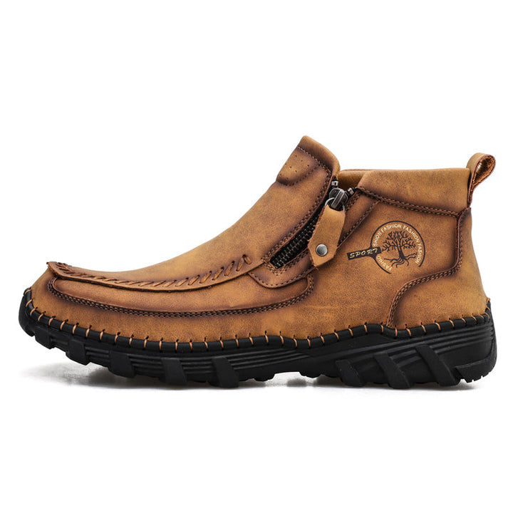 Men's orthopedic casual boots, brown leather, comfortable for extended wear, zipper