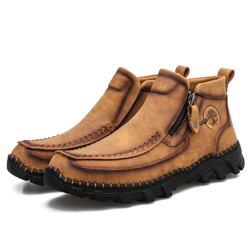 Detail of the breathable material on men's outdoor orthopedic boots for comfort