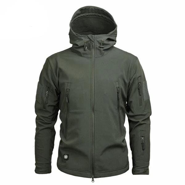 Men's hooded winter coat in black, side profile, multi-pocket design, perfect for travel and cold weather